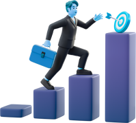 Suventure careers growth shown by man climbing bar stairs with briefcase toward target board