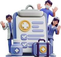 3D healthcare services illustration with doctor and two nurses standing behind clipboard with plus sign